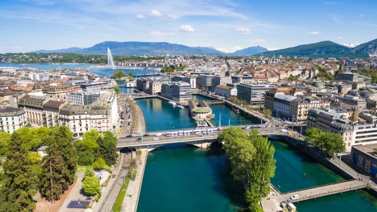 Aerial view of Leman lake - Geneva city in Switzerland